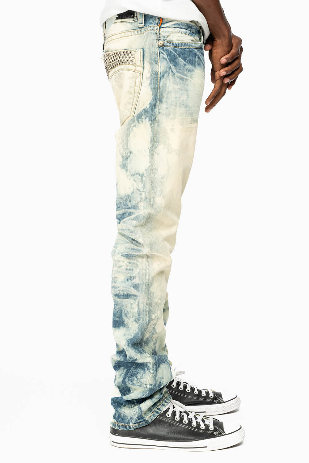 MENS CLASSIC 5 POCKET STRAIGHT LEG JEANS IN JAPAN MEDIUM WASH WITH BLACK DIAMOND CRYSTALS - Image 3