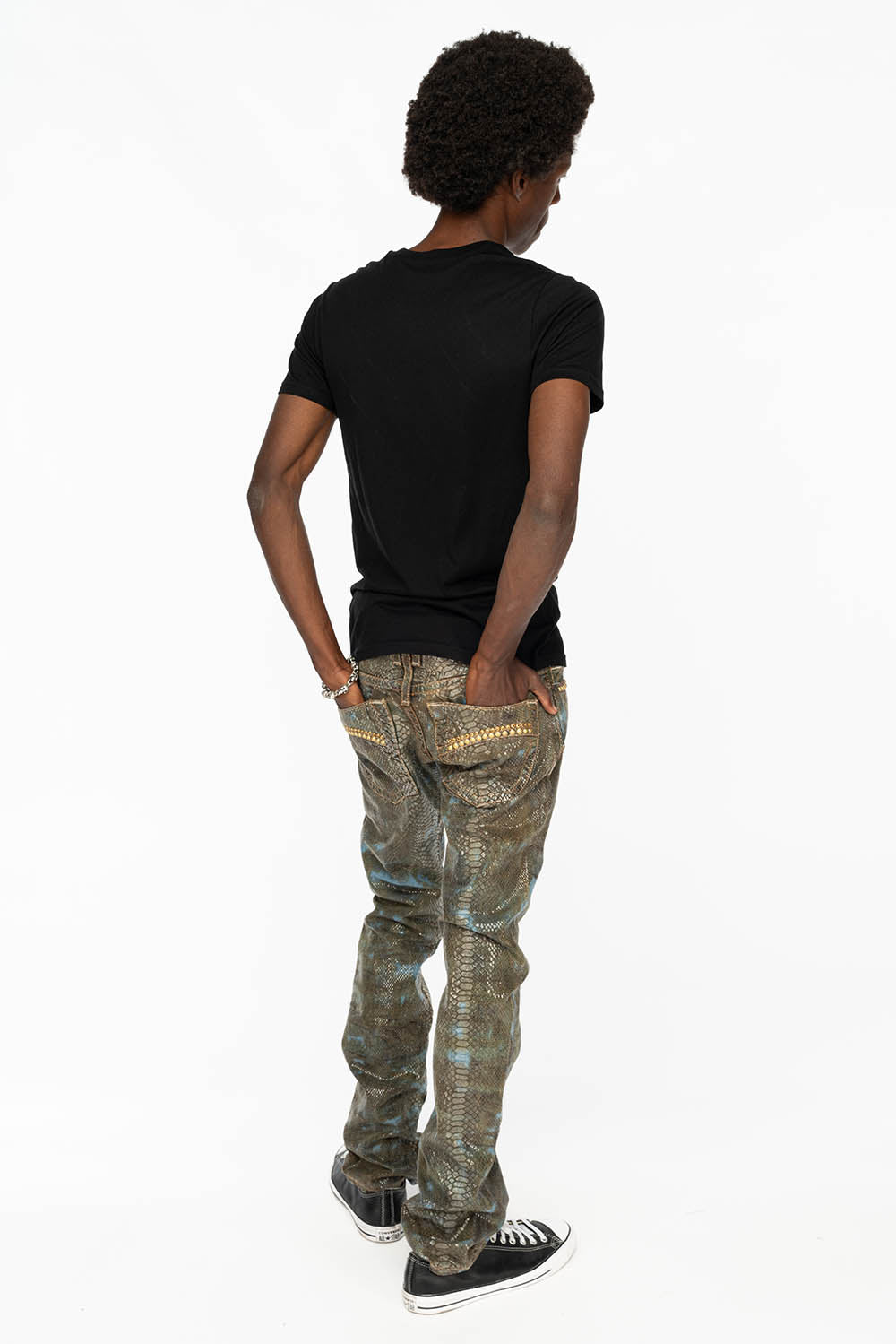 MENS CLASSIC 5 POCKET STRAIGHT LEG JEANS IN REPTILE WASH WITH STUDS AND CRYSTALS - Image 2