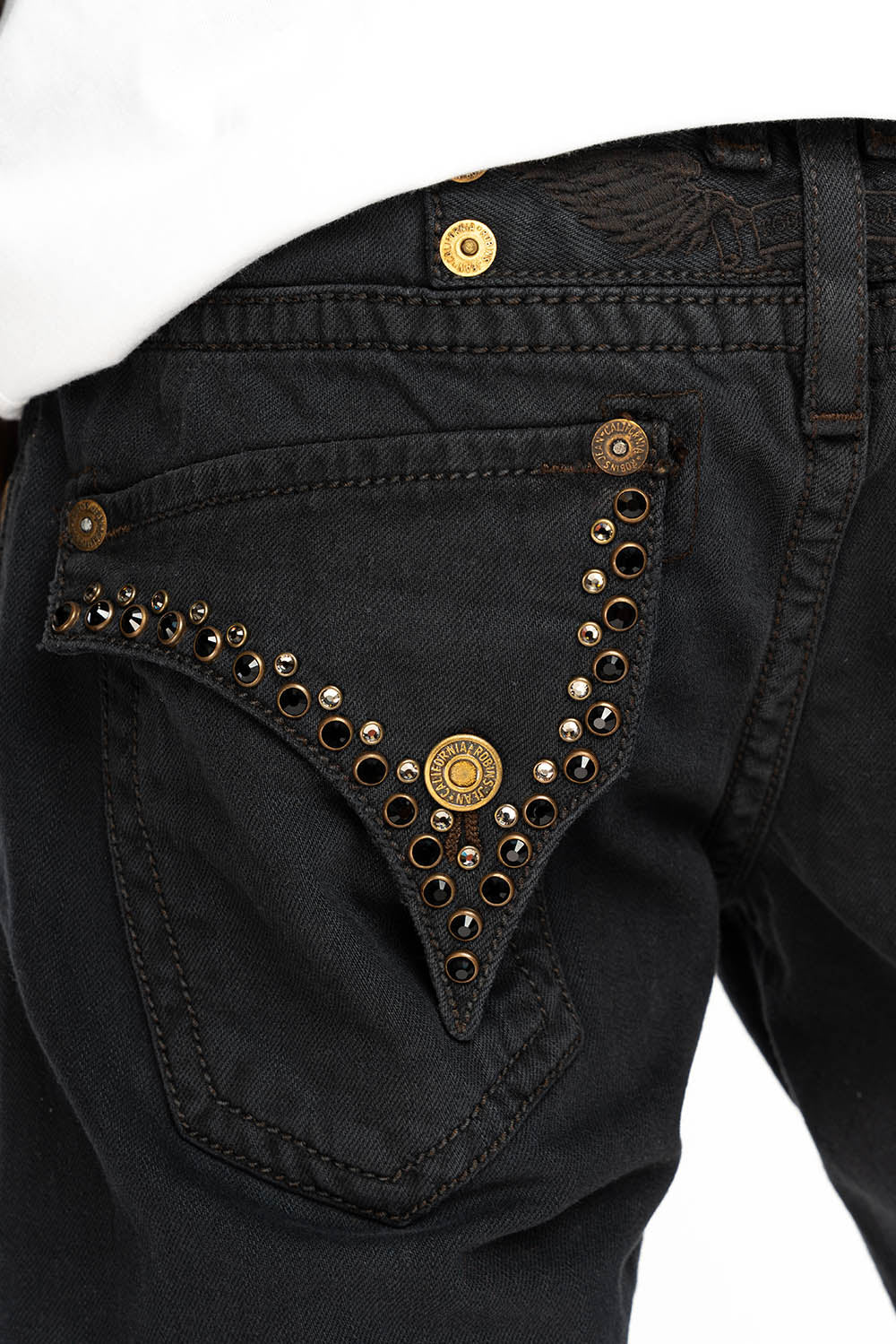 MENS DESTROYED SHORTS WITH KILLER FLAP POCKET IN OVERDYE BLACK WASH WITH CRYSTALS - Image 2
