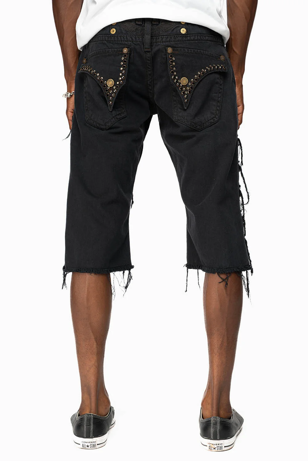 MENS DESTROYED SHORTS WITH KILLER FLAP POCKET IN OVERDYE BLACK WASH WITH CRYSTALS - Image 4