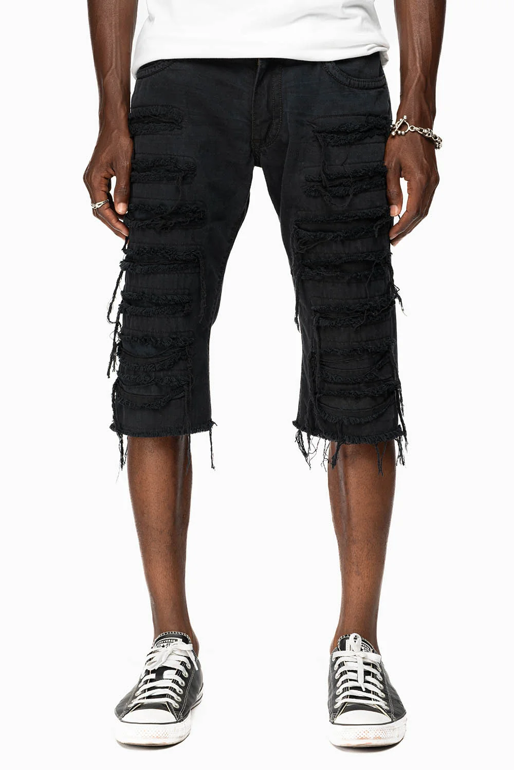 MENS DESTROYED SHORTS WITH KILLER FLAP POCKET IN OVERDYE BLACK WASH WITH CRYSTALS - Image 5