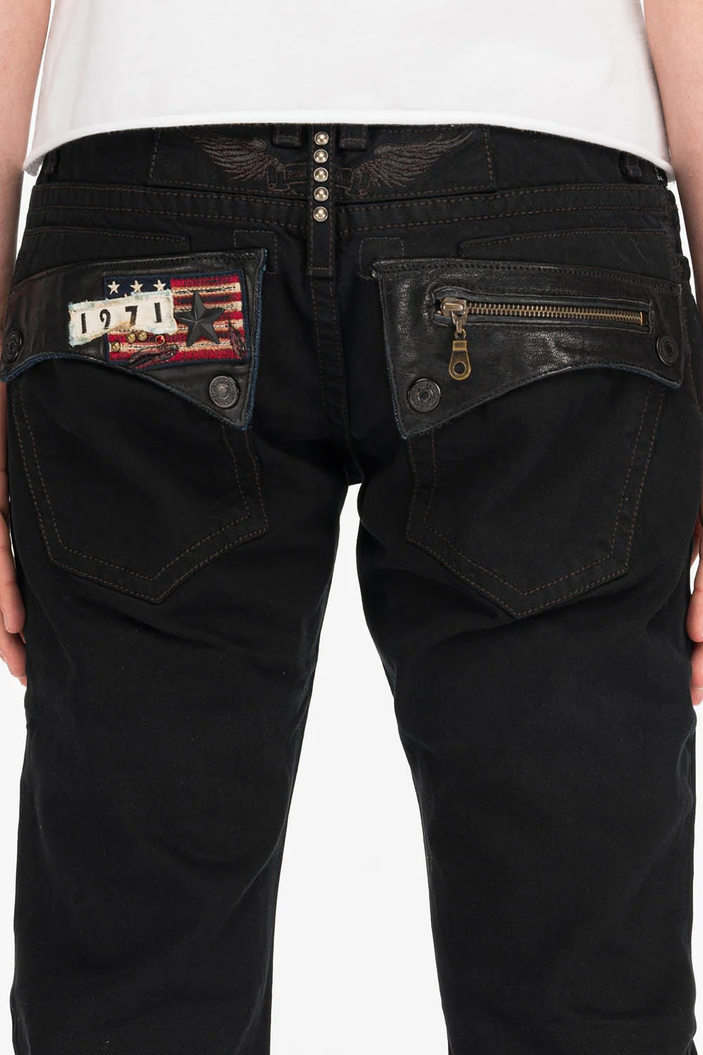 MENS LEATHER FLAP POCKET STRAIGHT LEG JEANS IN BLK - Image 4