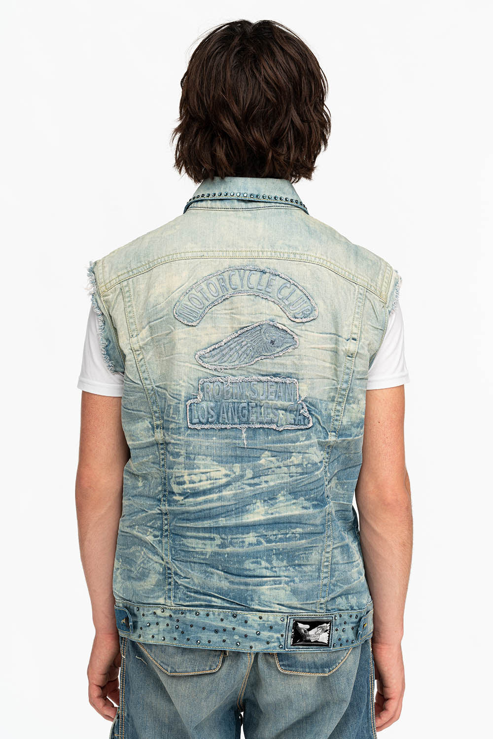 RAW EDGE VEST IN MEDIUM WASH WITH BLACK CRYSTALS - Image 3