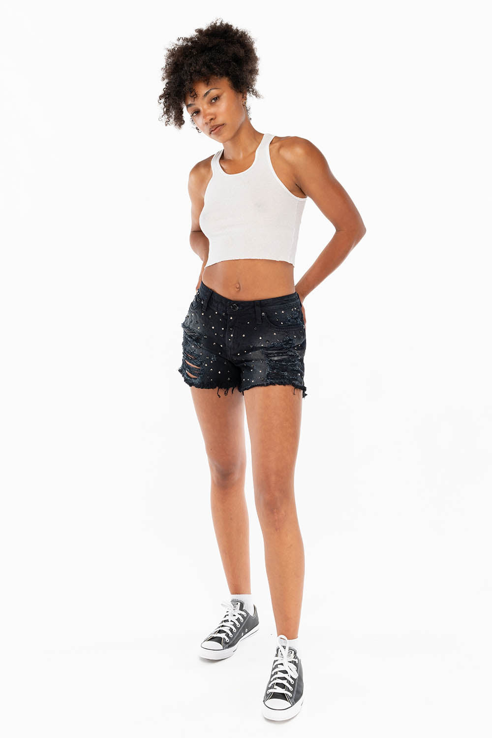 DESTROYED DENIM SHORTS WITH CRYSTALS AND STUDS IN BLACK - Image 5