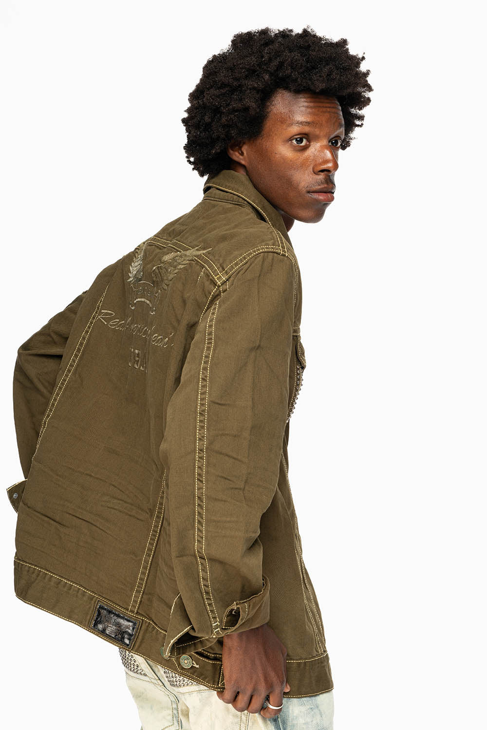 DRK GREEN JEAN JACKET EMBELISHED WITH CLEAR CRYSTALS AND PYRAMID - Image 3