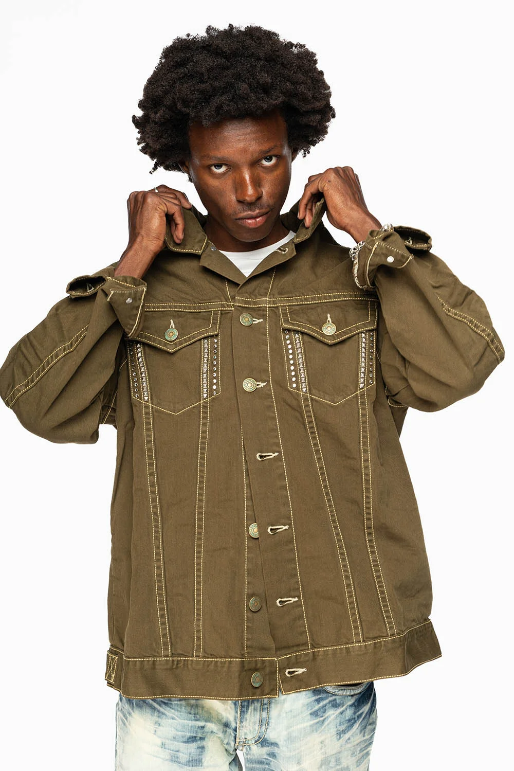 DRK GREEN JEAN JACKET EMBELISHED WITH CLEAR CRYSTALS AND PYRAMID - Image 4