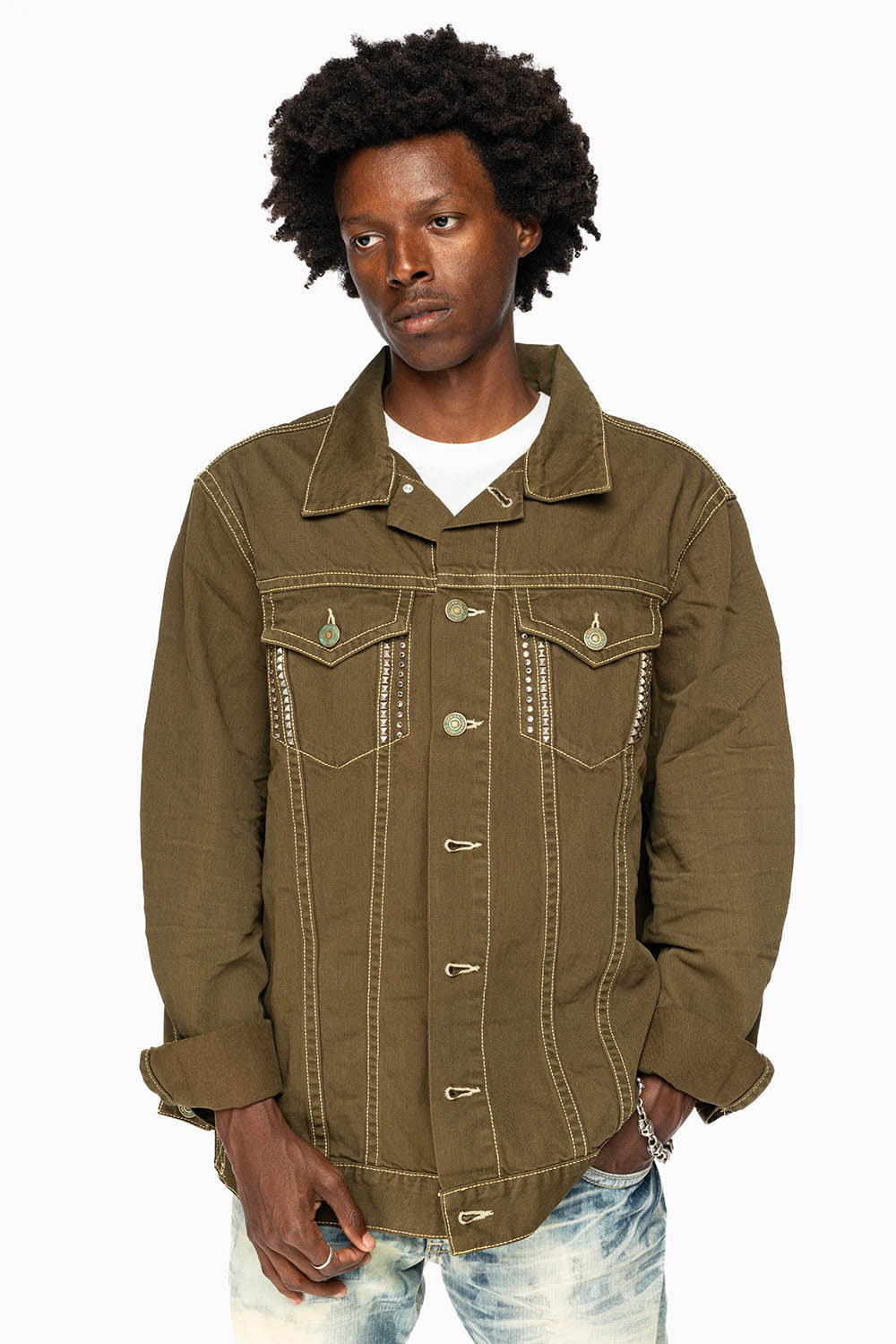 DRK GREEN JEAN JACKET EMBELISHED WITH CLEAR CRYSTALS AND PYRAMID - Image 7