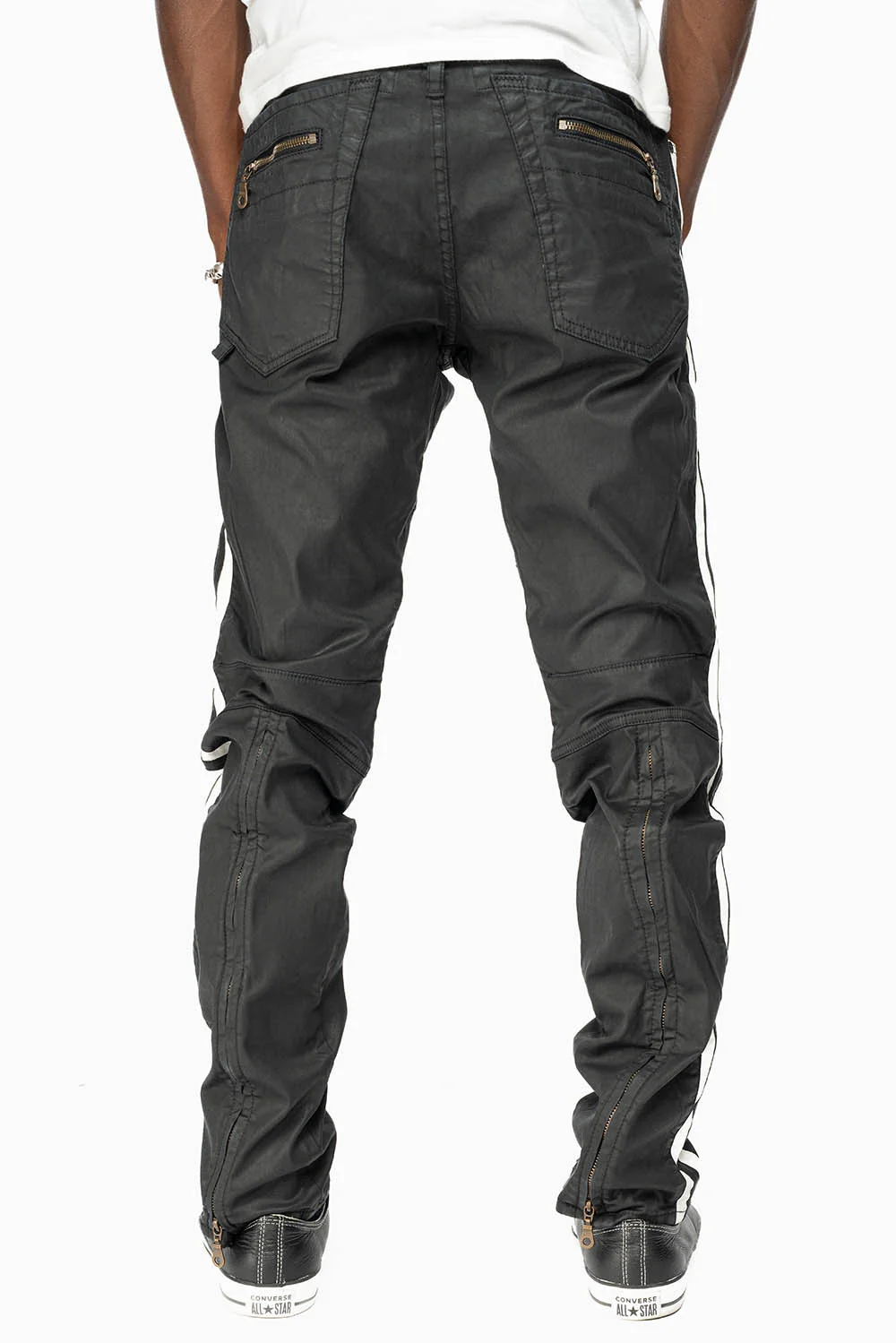 MENS BIKER JEANS IN BLK DY FABRIC WITH WHITE STRIPES - Image 4