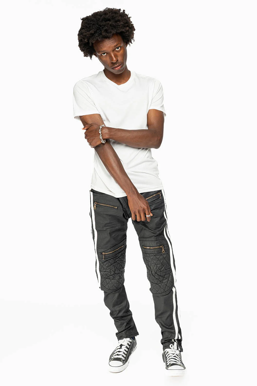 MENS BIKER JEANS IN BLK DY FABRIC WITH WHITE STRIPES - Image 5
