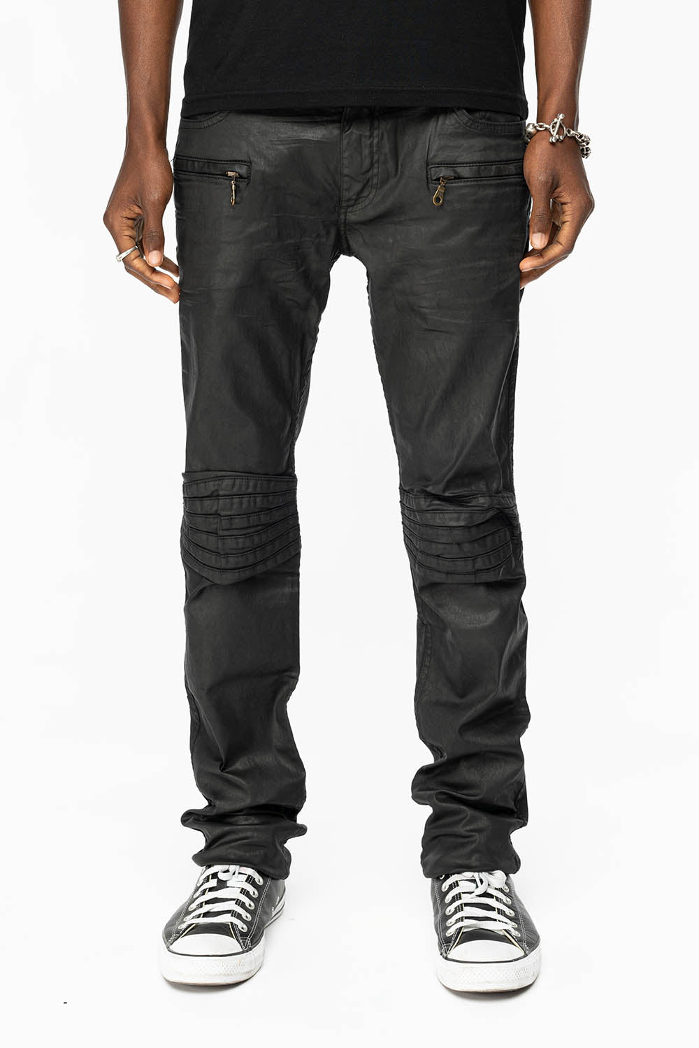 MENS MOTO BIKER JEANS IN BLACK DY FABRIC - Image 5