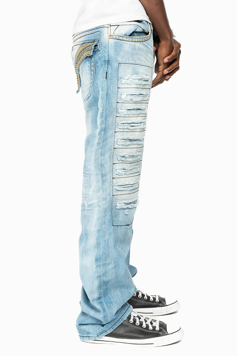 GYPSY STRAIGHT LEG JEANS REPAIRED EMBELLISHED WITH CRYSTALS IN 5D LIGHT WASH - Image 6