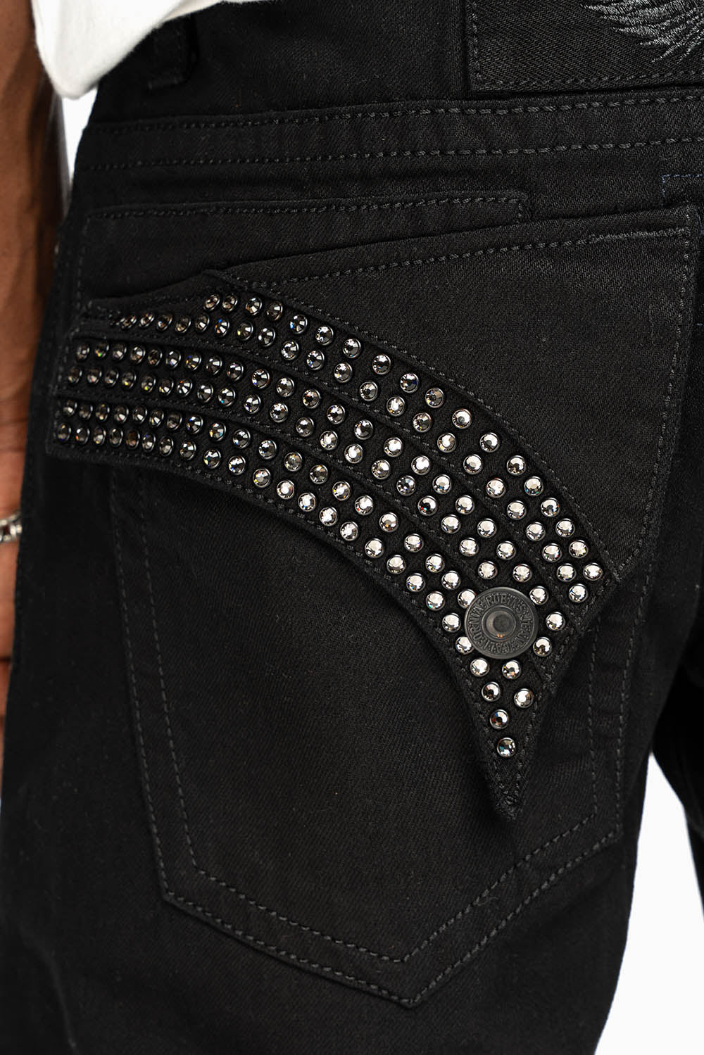GYPSY REPAIRED STRAIGHT LEG JEANS IN BLK EMBELLISHED WITH CRYSTALS - Image 2