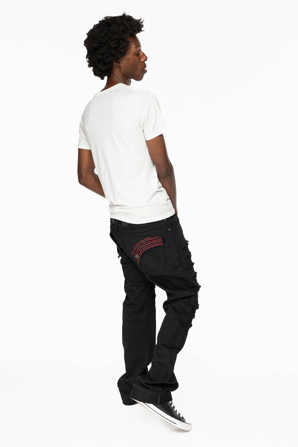 GYPSY REPAIRED STRAIGHT LEG JEANS IN PURE BLK AND EMBELLISHED WITH RED CRYSTALS