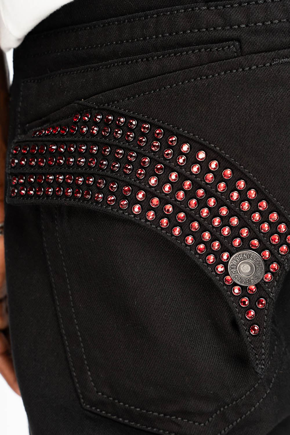 GYPSY REPAIRED STRAIGHT LEG JEANS IN PURE BLK AND EMBELLISHED WITH RED CRYSTALS - Image 3