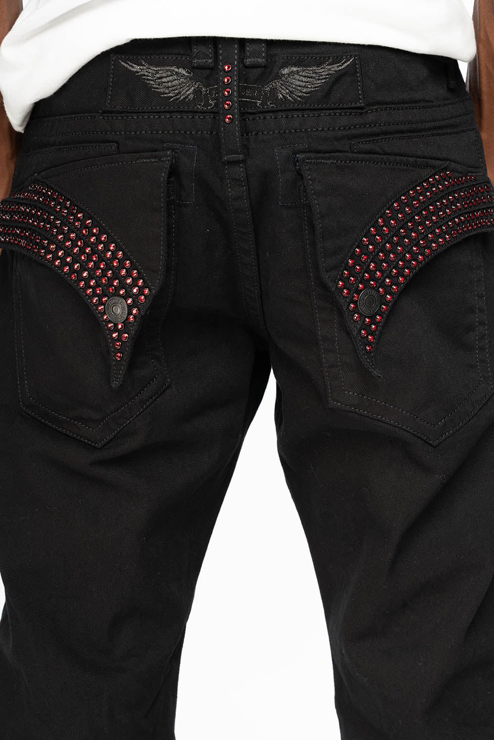 GYPSY REPAIRED STRAIGHT LEG JEANS IN PURE BLK AND EMBELLISHED WITH RED CRYSTALS - Image 4