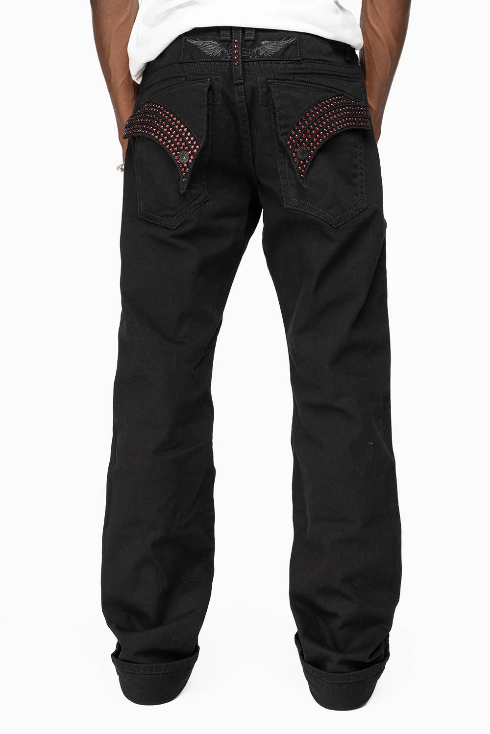 GYPSY REPAIRED STRAIGHT LEG JEANS IN PURE BLK AND EMBELLISHED WITH RED CRYSTALS - Image 5