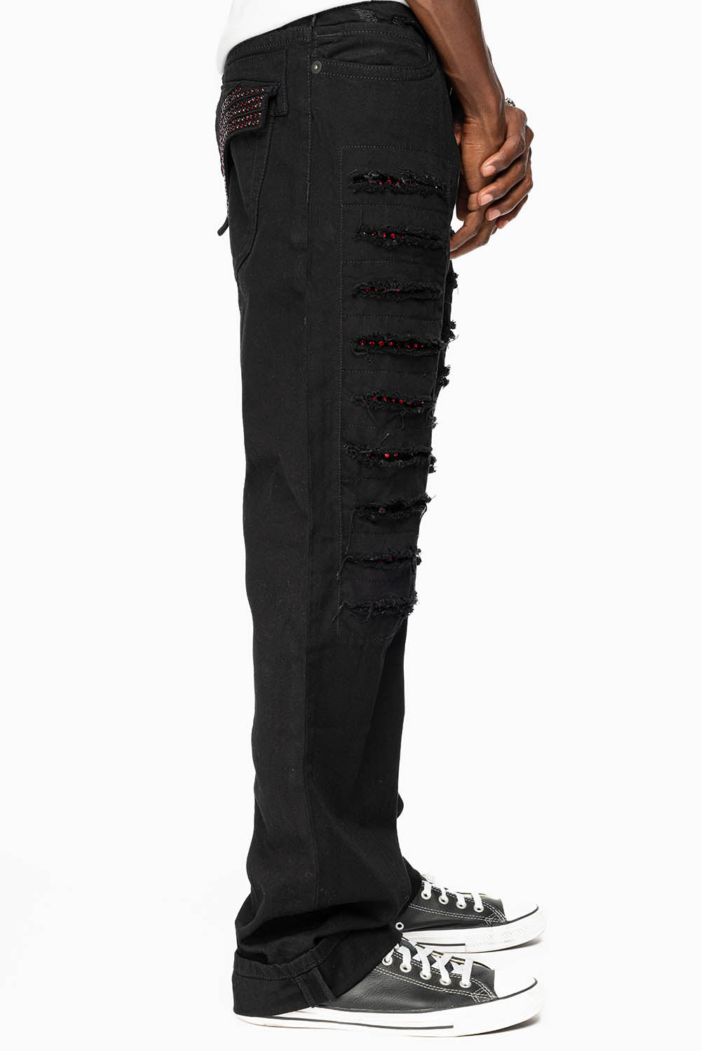 GYPSY REPAIRED STRAIGHT LEG JEANS IN PURE BLK AND EMBELLISHED WITH RED CRYSTALS - Image 6