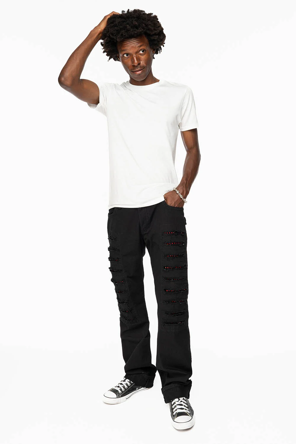GYPSY REPAIRED STRAIGHT LEG JEANS IN PURE BLK AND EMBELLISHED WITH RED CRYSTALS - Image 8