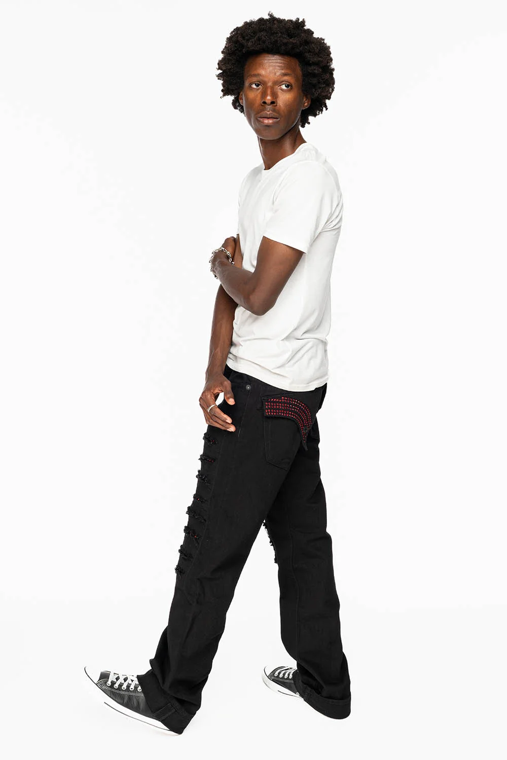 GYPSY REPAIRED STRAIGHT LEG JEANS IN PURE BLK AND EMBELLISHED WITH RED CRYSTALS - Image 9