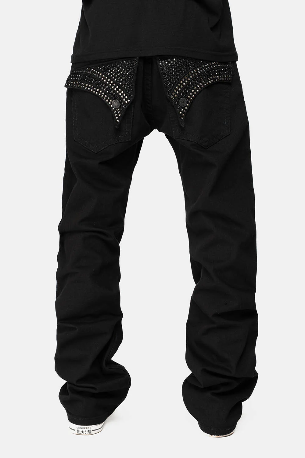 GYPSY STRAIGHT LEG JEANS WITH PATCHES EMBELLISHED WITH CRYSTALS IN PURE BLK - Image 5