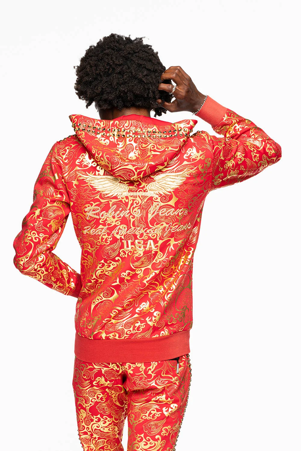 HOODED TRACK JACKET IN GOLD/RED PRINT WITH LARGE CRYSTALS - Image 12