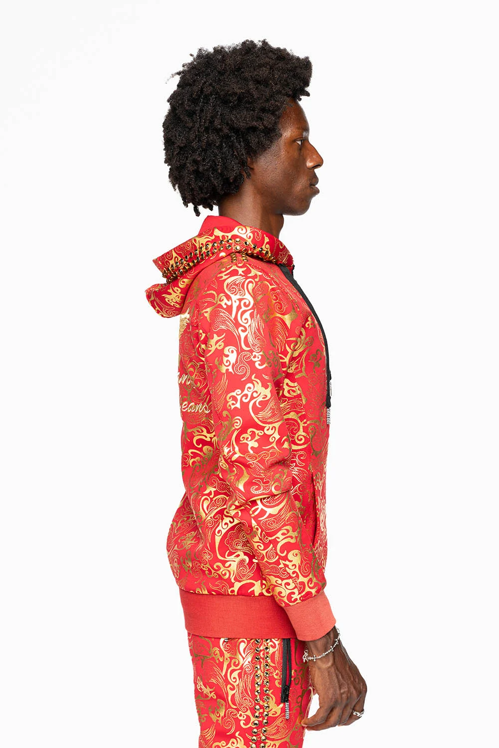 HOODED TRACK JACKET IN GOLD/RED PRINT WITH LARGE CRYSTALS - Image 2