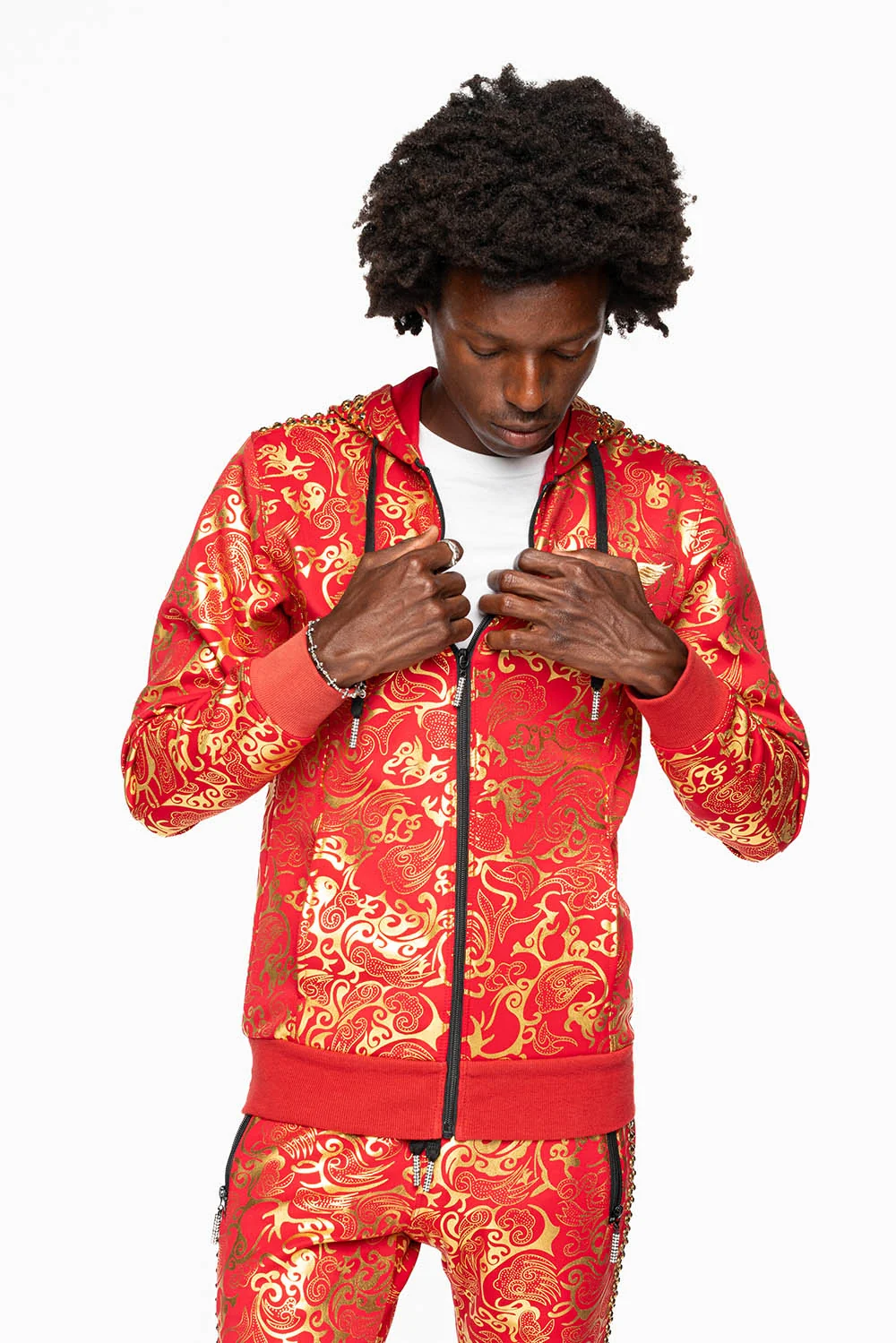 HOODED TRACK JACKET IN GOLD/RED PRINT WITH LARGE CRYSTALS - Image 9