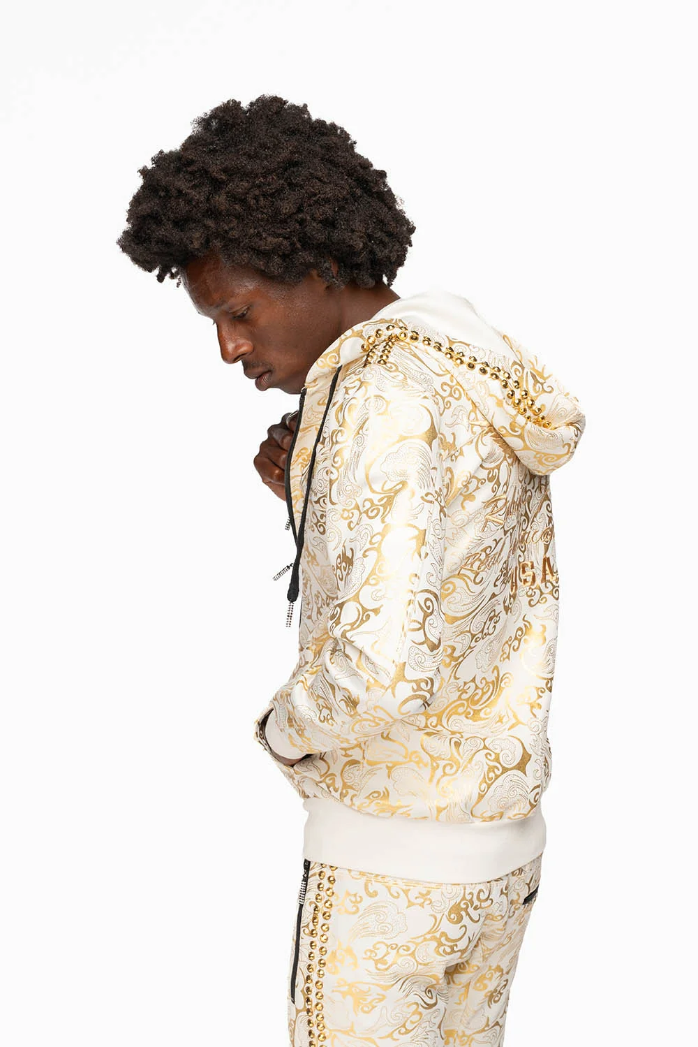 HOODED TRACK JACKET IN GOLD/WHITE PRINT WITH LARGE CRYSTALS - Image 12
