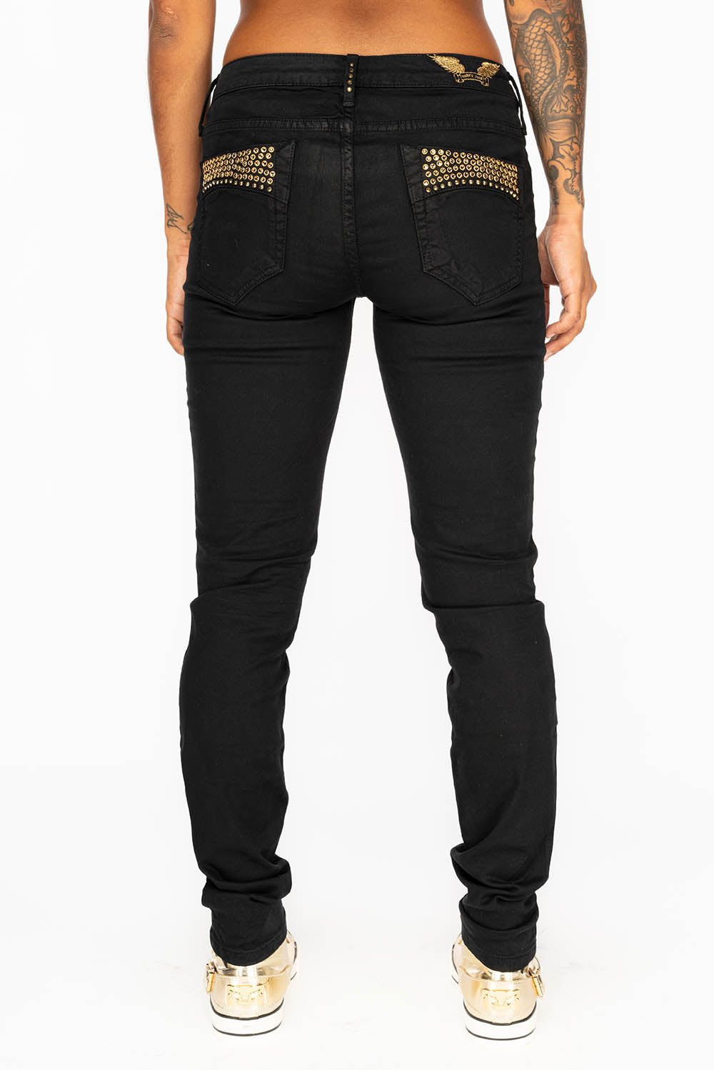 JANE MID RISE WOMENS SKINNY JEANS IN BLACK COATING WITH GOLD WINGS AND SMOKEY TOPAZ CRYSTALS - Image 4