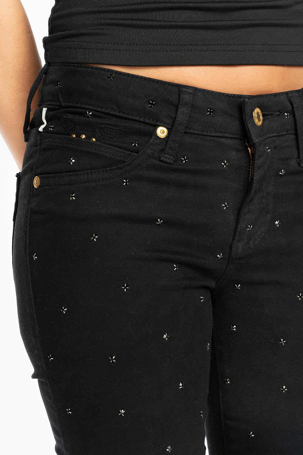 JANE MID RISE WOMENS SKINNY JEANS IN Blk WASH WITH JET BLK CRYSTALS ALL OVER - Image 2