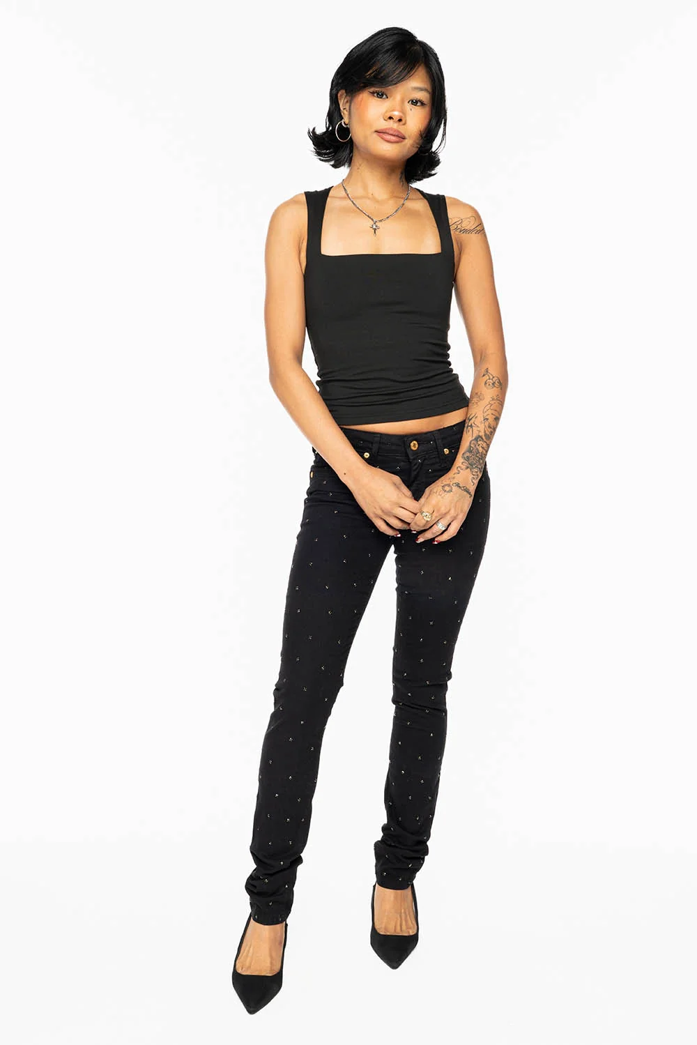 JANE MID RISE WOMENS SKINNY JEANS IN Blk WASH WITH JET BLK CRYSTALS ALL OVER - Image 9