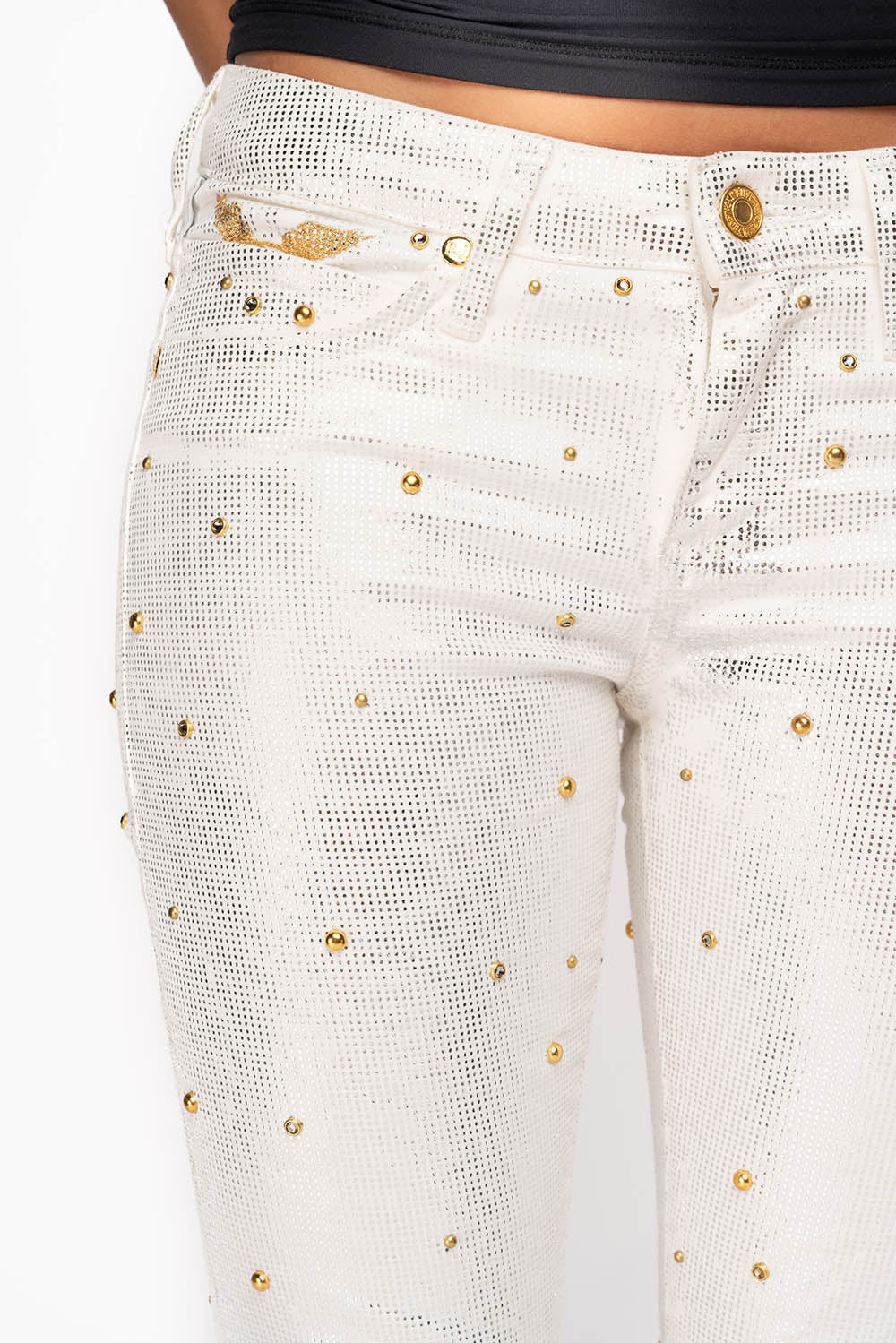 JANE MID RISE WOMENS SKINNY JEANS IN DISCO WHITE COATING WITH GOLD STUDS & CRYSTALS ALL OVER - Image 2