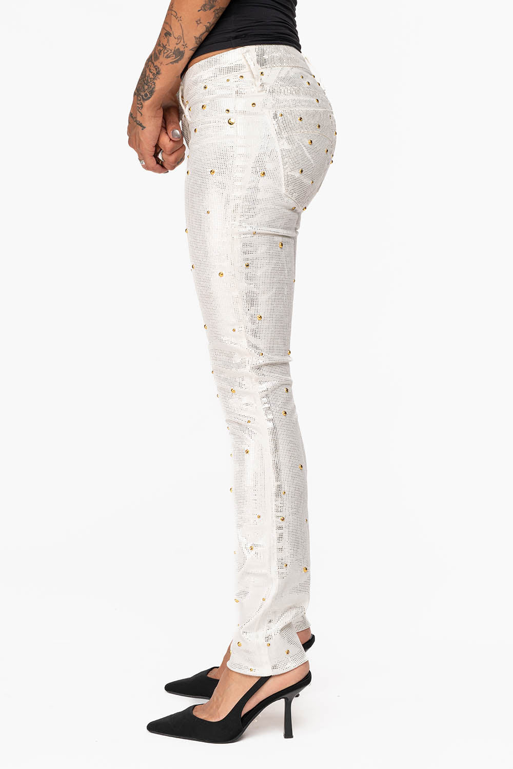 JANE MID RISE WOMENS SKINNY JEANS IN DISCO WHITE COATING WITH GOLD STUDS & CRYSTALS ALL OVER - Image 5