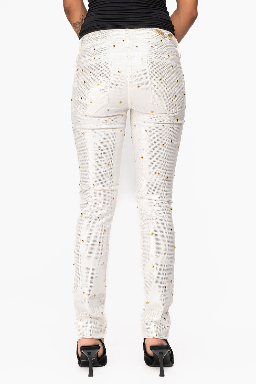 JANE MID RISE WOMENS SKINNY JEANS IN DISCO WHITE COATING WITH GOLD STUDS & CRYSTALS ALL OVER - Image 6