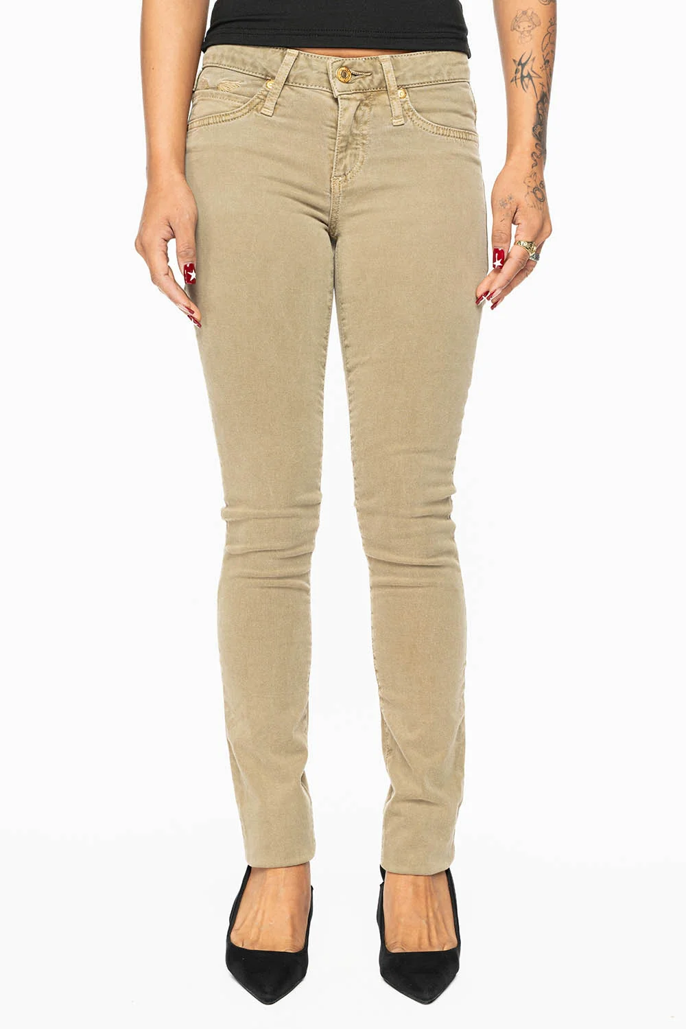 JANE MID RISE WOMENS SKINNY JEANS IN KHAKI WASH WITH AURUM CRYSTALS - Image 3