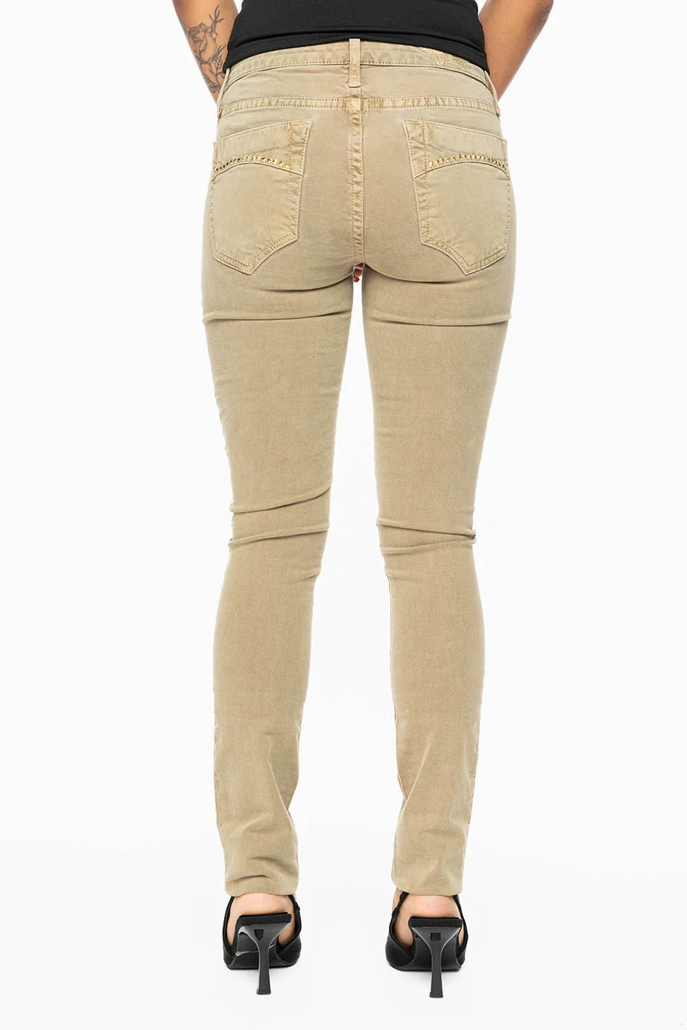 JANE MID RISE WOMENS SKINNY JEANS IN KHAKI WASH WITH AURUM CRYSTALS - Image 5