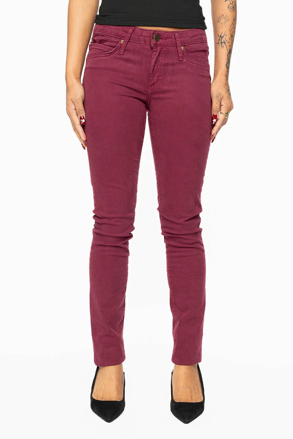 JANE MID RISE WOMENS SKINNY JEANS IN SANGRIA WASH WITH RED CRYSTALS - Image 3
