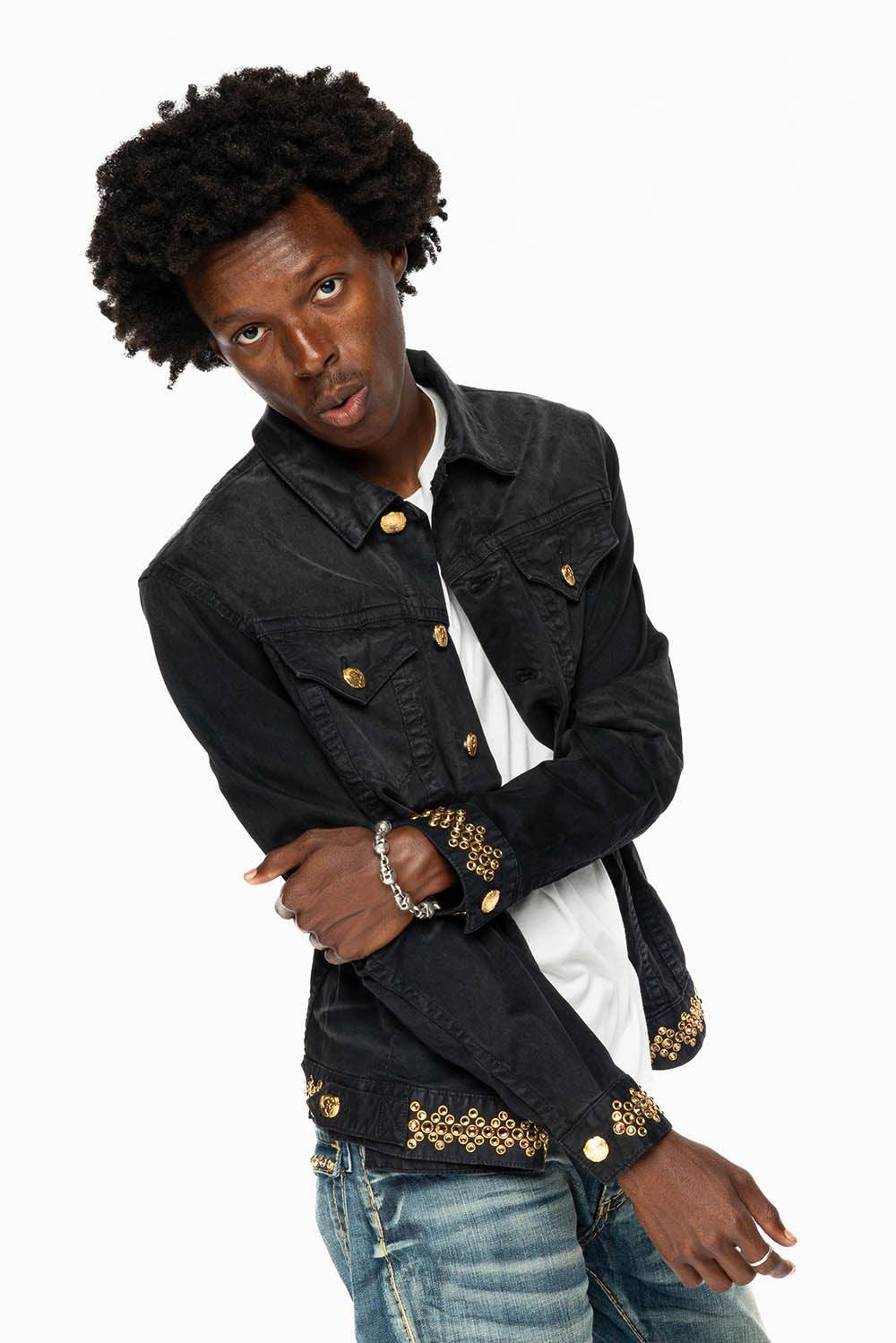 JEAN JKT IN PIGMENT SPRAY BLACK WASH EMBELLISHED WITH LARGE SMOKY TOPAZ CRYSTALS DESCRIPTION