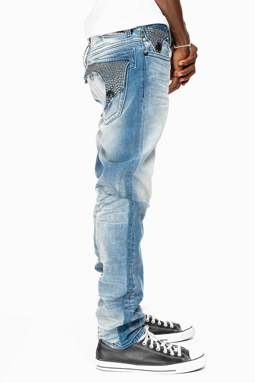 KILLER FLAP SKINNY JEAN IN BLUE OMAHA MEDIUM WASH FULLY EMBELLISHED WITH CRYSTALS - Image 4