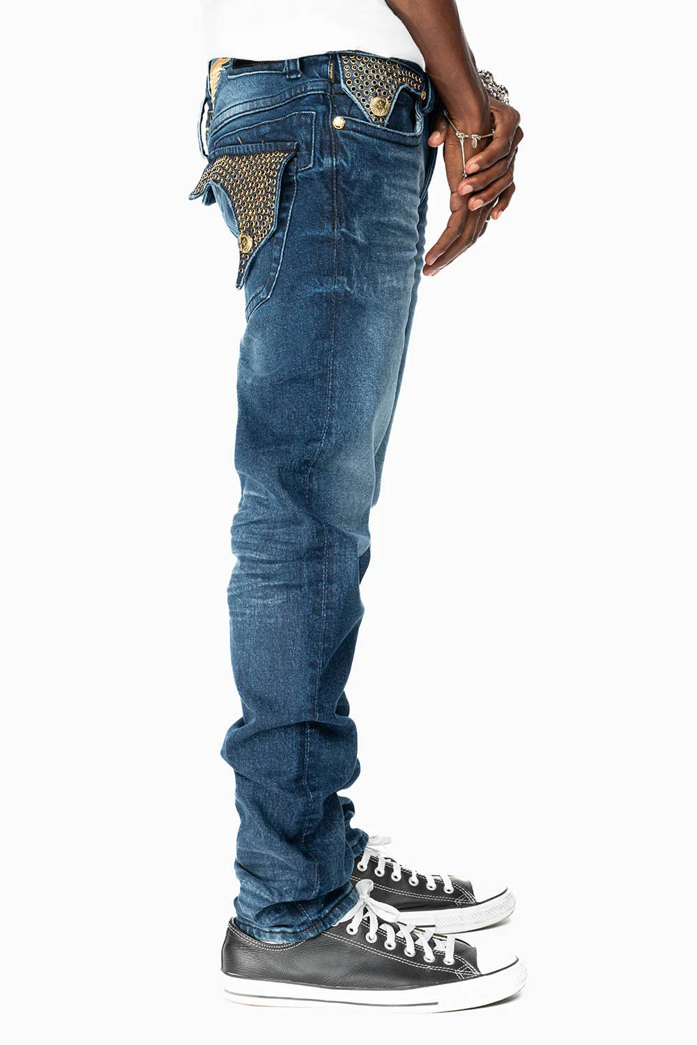 KILLER FLAP MENS SKINNY JEAN IN OMAHA DARK WASH FULLY EMBELLISHED WITH JET BLK CRYSTALS - Image 4