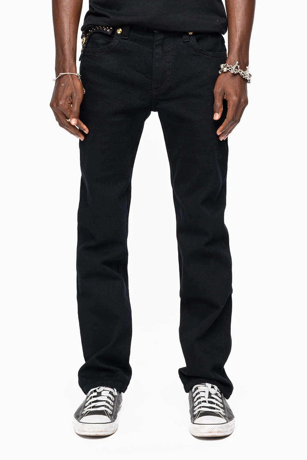 KILLER FLAP MENS SKINNY JEAN IN PURE BLACK WASH EMBELLISHED WITH LARGE SMOKY TOPAZ & AURUM CRYSTALS - Image 4