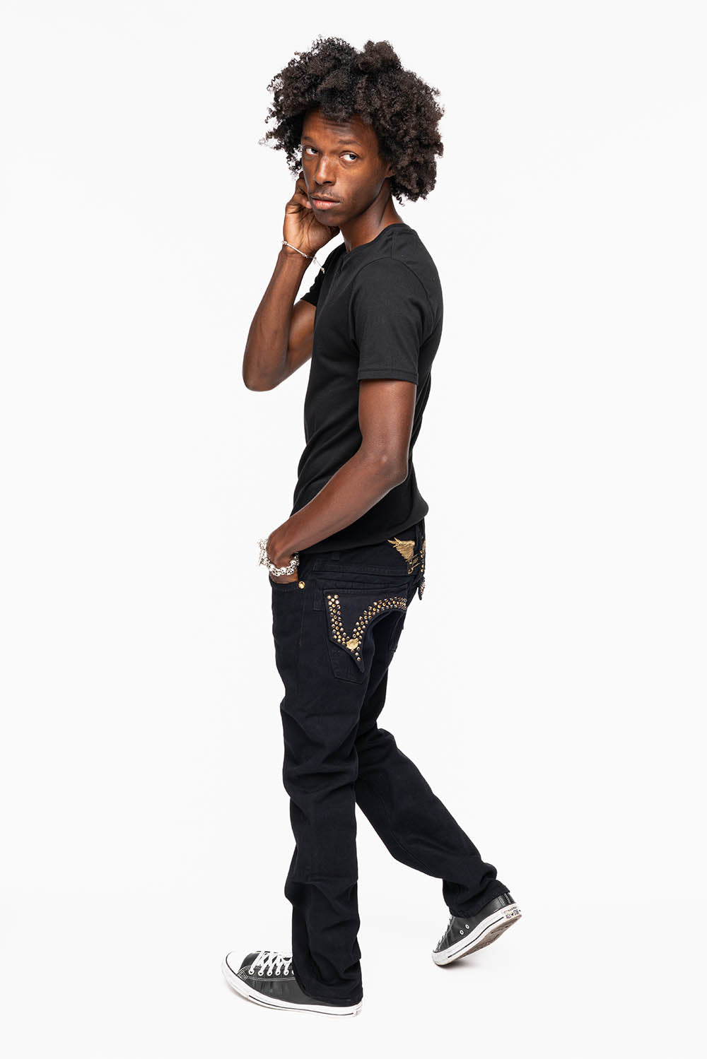 KILLER FLAP MENS SKINNY JEAN IN PURE BLACK WASH EMBELLISHED WITH LARGE SMOKY TOPAZ & AURUM CRYSTALS - Image 9