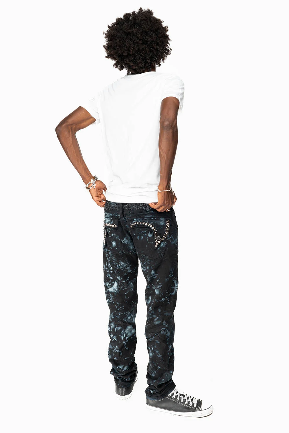 KILLER FLAP SKINNY JEANS IN ASTRO BLUE WITH GOTHIC EMBROIDERY AND CRYSTALS - Image 4