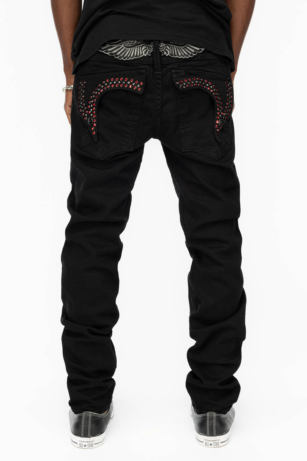 KILLER FLAP MENS SKINNY JEANS IN BLACK COLOR WASH WITH RED AND JET BLACK CRYSTALS - Image 3