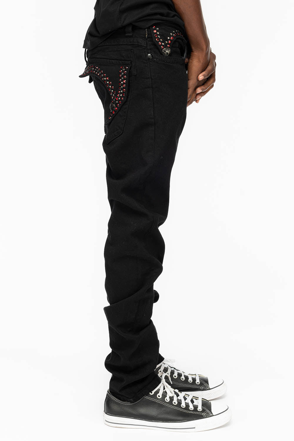 KILLER FLAP MENS SKINNY JEANS IN BLACK COLOR WASH WITH RED AND JET BLACK CRYSTALS - Image 4