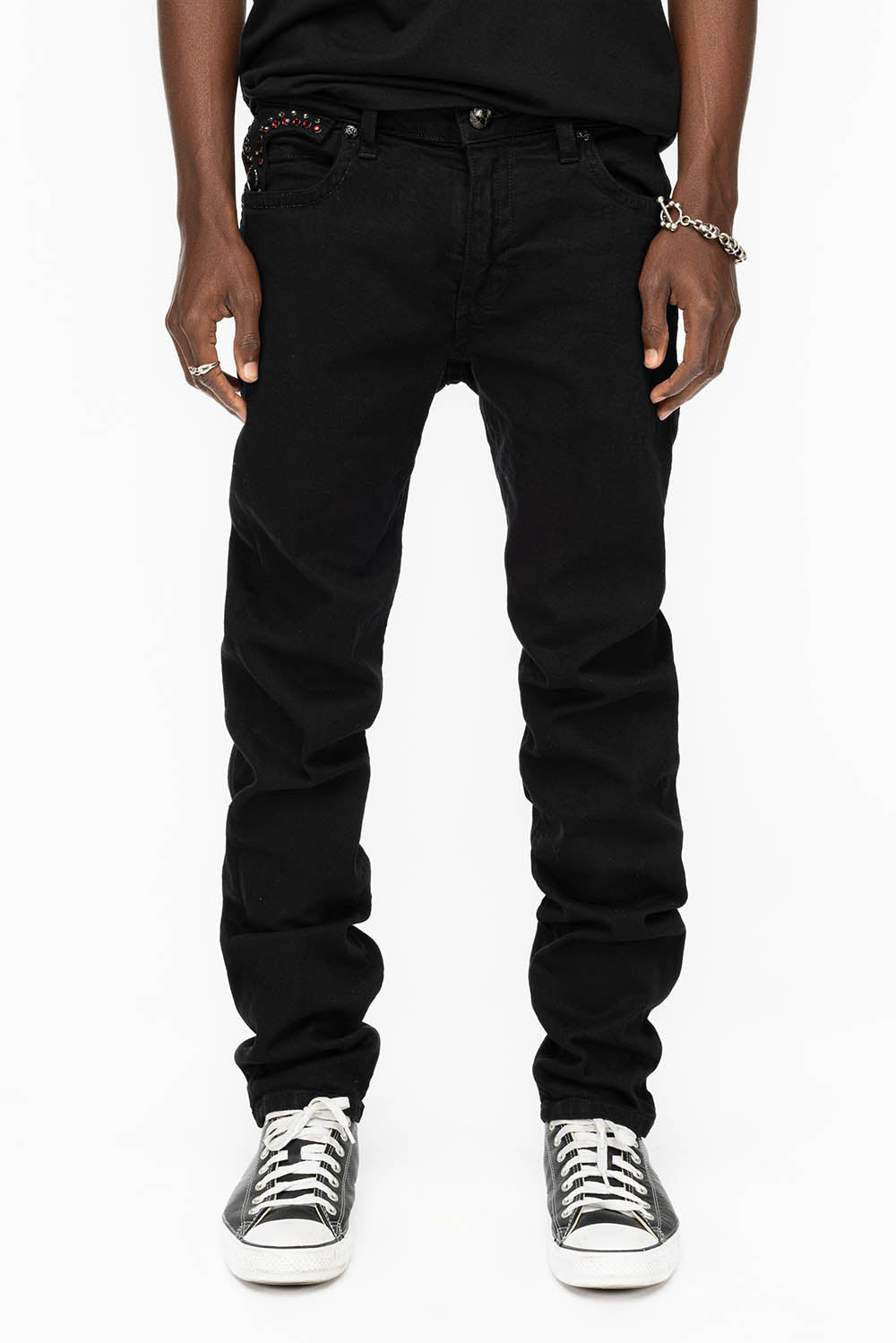 KILLER FLAP MENS SKINNY JEANS IN BLACK COLOR WASH WITH RED AND JET BLACK CRYSTALS - Image 5