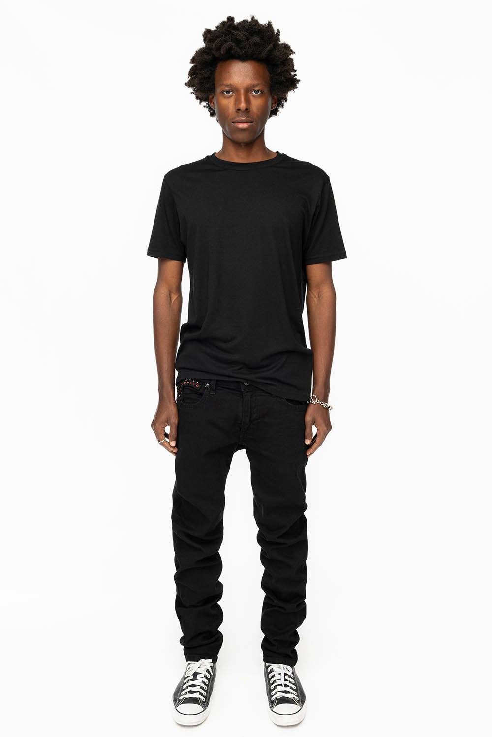 KILLER FLAP MENS SKINNY JEANS IN BLACK COLOR WASH WITH RED AND JET BLACK CRYSTALS - Image 7