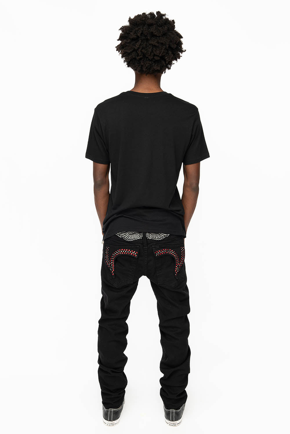 KILLER FLAP MENS SKINNY JEANS IN BLACK COLOR WASH WITH RED AND JET BLACK CRYSTALS - Image 8