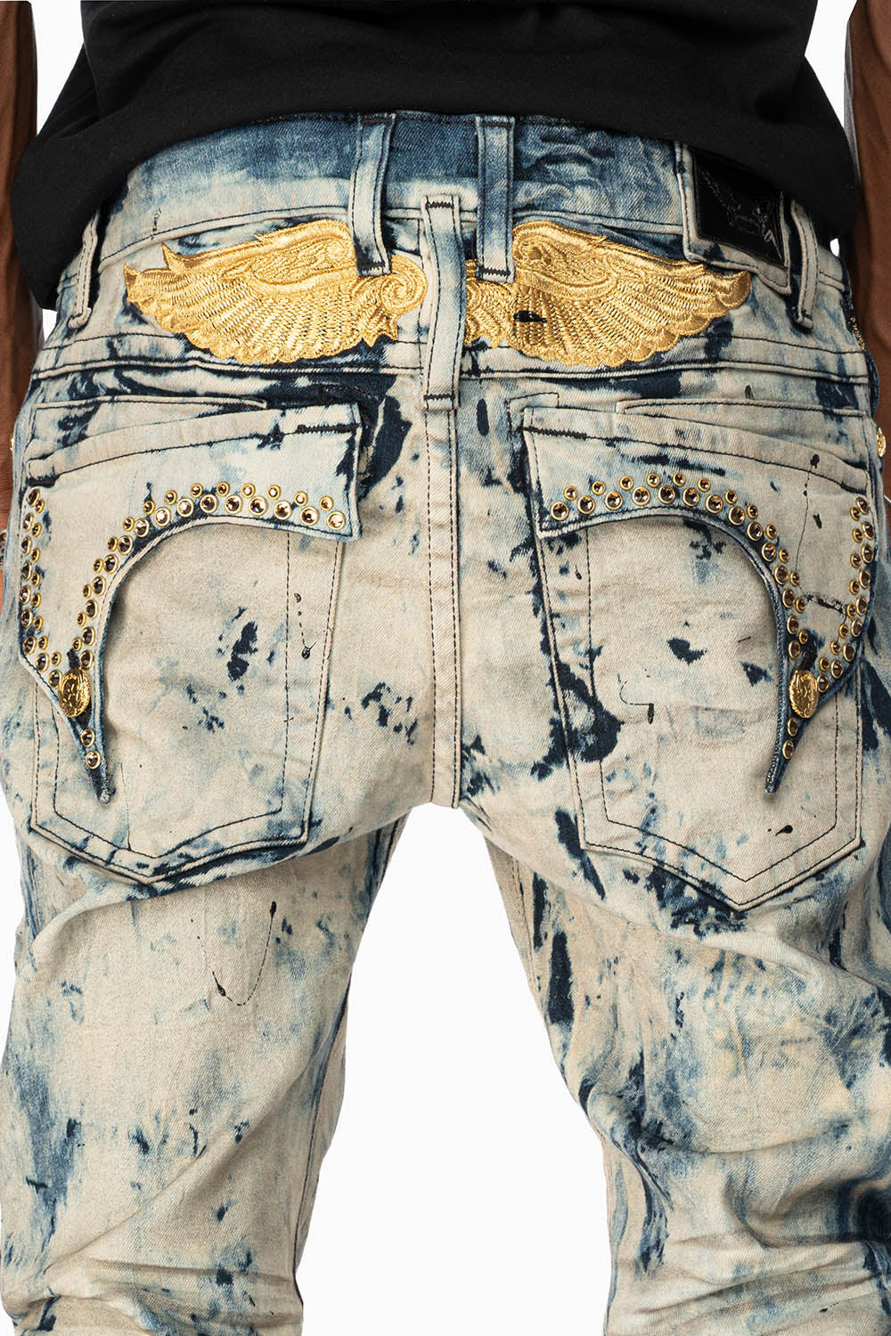 KILLER FLAP MENS SKINNY JEANS IN FROZEN WASH WITH EMBELLISHED  SMOKY TOPAZ CRYSTALS - Image 2