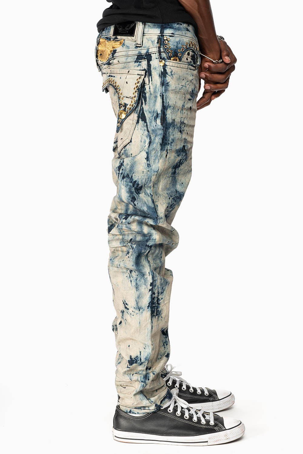 KILLER FLAP MENS SKINNY JEANS IN FROZEN WASH WITH EMBELLISHED  SMOKY TOPAZ CRYSTALS - Image 4